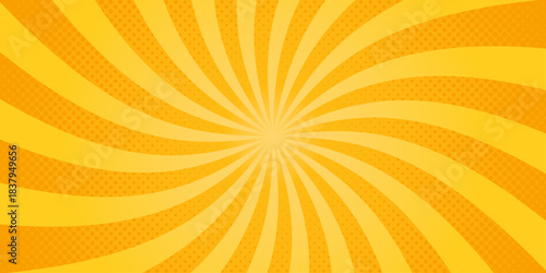 Yellow comic sunburst effect background with halftone dots. Bright colorful poster with radial lines. Orange swirling radial pattern. Yellow pop art sun rays. Cartoon print. Vector illustration