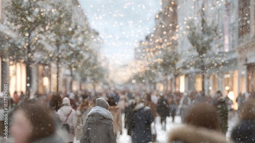 Fototapeta Naklejka Na Ścianę i Meble -  Busy street in a city during winter. the street is covered in snow and there are people walking on it.