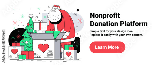 Santa nonprofit donation platform Christmas giving scene with Santa Claus gifts boxes decorated tree festive background website banner template