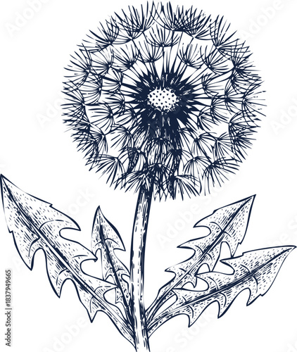 Hand Drawn Blue Dandelion Seed Head and Jagged Leaves flower plant