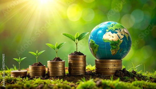 Stacks of coins with sprouting plants—tallest stack topped by globe—sunlit green backdrop—symbolizing sustainability, growth, and the organic rhythm of financial progress and environmental care.