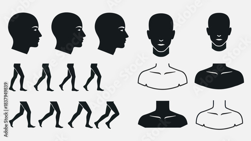 Black silhouettes of human heads legs and upper body parts isolated