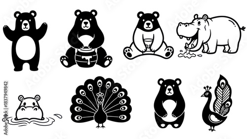 Black and white animal silhouettes bears hippos and peacock designs