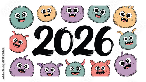 Monsters of the Year 2026: An inviting illustration that depicts cute and adorable monsters gathered around the big number 2026. conveying a sense of playful optimism and anticipatory charm.