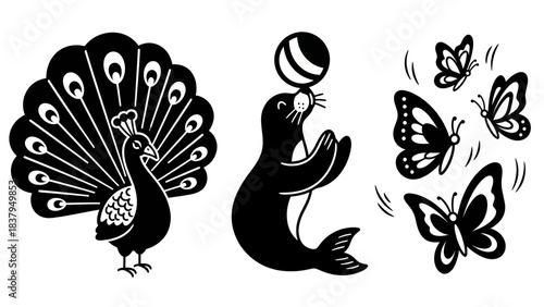 Black and white illustrations of peacock sea lion butterflies for design