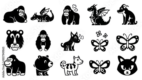 Black and white cartoon animal collection vector illustrations isolated design elements