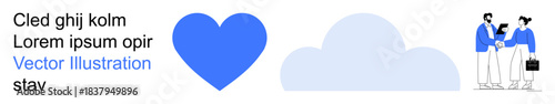 Business collaboration, teamwork, online services, networking, healthcare, cloud storage. Features a blue heart, cloud and two people collaborating. Business collaboration and teamwork concept