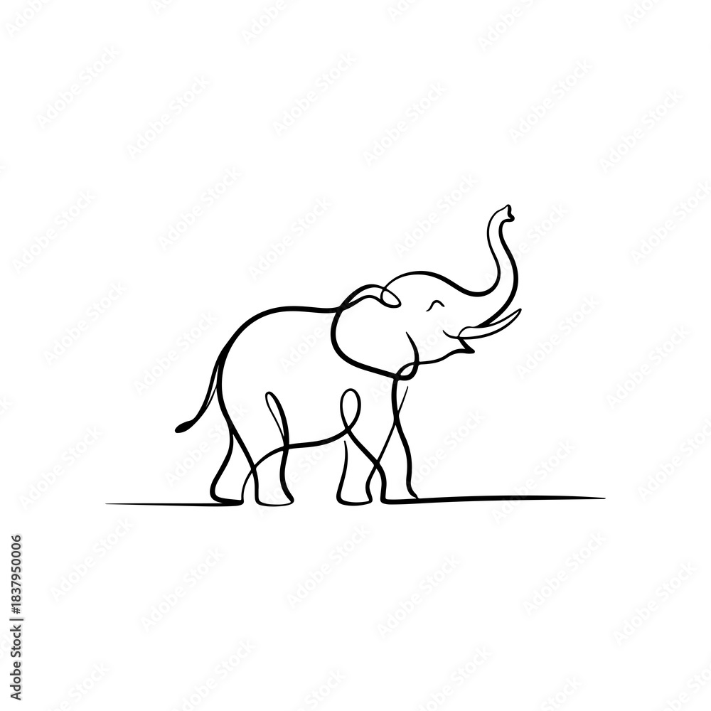 Obraz premium Continuous One Line Drawing of an Elephant with Trunk Up