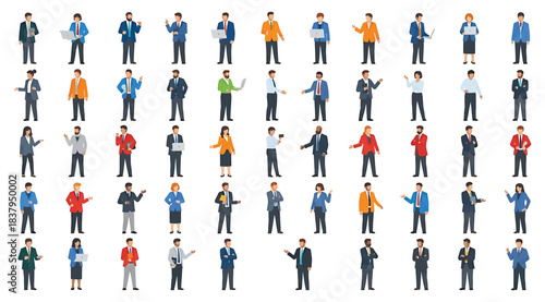 Grid of 56 illustrated figures in varied clothing and poses, showcasing diversity in style and gesture, ideal for pattern recognition, visual puzzles, or character design in creative projects