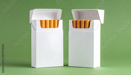 Two white cigarette packs, one open showing brown-filtered cigarettes, placed against solid green background