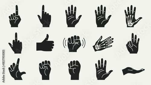 Black and white hand gestures silhouettes set vector design elements