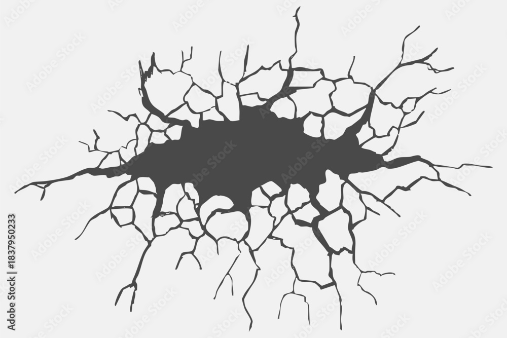 Naklejka premium Crack concrete wall texture, floor ground broken effect. Horizontal breaks on land surface. Dry soil. Damaged by earthquake fissure and fracture.