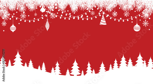 Festive holiday scene with red background, white snowflakes, string lights, ornaments, and pine tree silhouettes, evoking Christmas spirit and winter celebration in a cheerful seasonal design