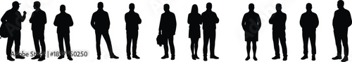 Silhouettes of diverse people, fashion styles, standing poses, social interaction, body shapes, urban crowd, minimal design, black figures, isolated background