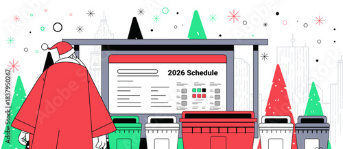 Santa Christmas New Year 2026 schedule urban scene with Santa checking timetable at city bus stop surrounded by festive trees and bins modern flat