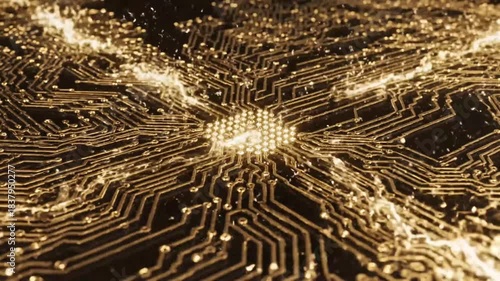 Sparkling golden circuit board radiates energy