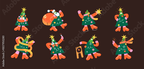 Happy Christmas trees set. Cute firs have fun, celebrate New Year and dance. Xmas firtrees with faces decorated with garland and balls hold gifts, sparklers. Flat isolated vector illustrations