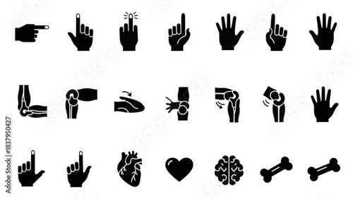 Black and white vector illustration of human body parts and hand gestures