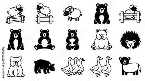 Black and white cartoon animal collection with sheep bears and geese