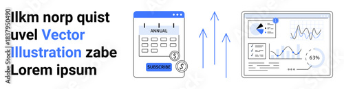 Financial planning, subscription strategy, business growth analysis, performance tracking, revenue forecasting, data visualization. Graphs, upward arrows and subscription interface. Financial