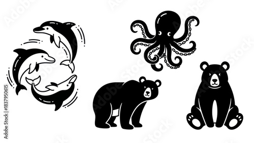Black and white animal silhouettes dolphins octopus and bears