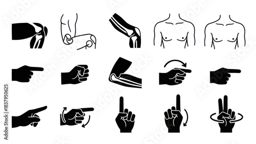 Black and white human anatomy and gestures illustration set