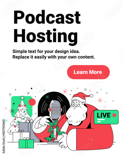 Santa podcast hosting Christmas New Year 2026 festive radio broadcast microphone Christmas tree gifts modern website landing page
