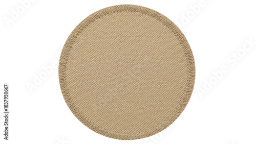 Isolated khaki cotton textile patch with zig-zag edge stitching on seamless background