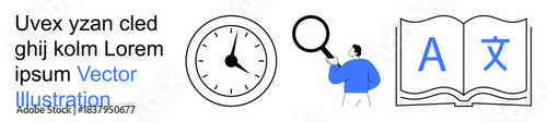 Time management, research tools, multilingual translation, education, study materials, productivity. Clock, magnifying glass and open book with language symbols . Time management and research tools
