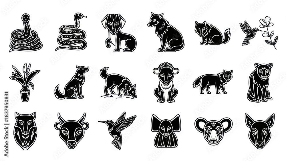 Obraz premium Black animal icons illustration set isolated on white background