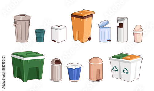 Set of trashcans with different shapes. Various waste bins for indoors and outdoors. Litter cans and dustbins for recycling. Garbage containers. Flat isolated vector illustrations on white background