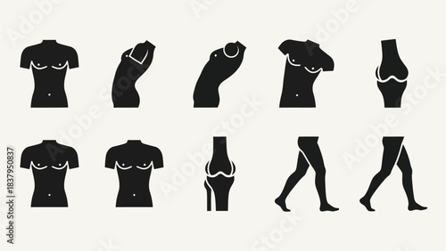 Black silhouette human body parts icons set on a light background