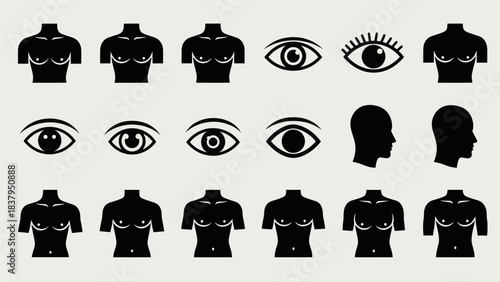 Black and white vector illustration of stylized human body parts and eye icons