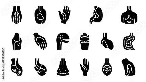 Black and white human anatomy icon set for medical and science