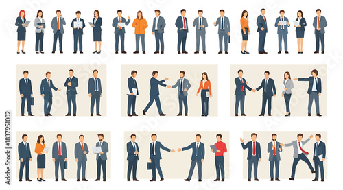 Collection of illustrated business professionals in various poses and interactions, including solo, paired, and group scenes, showcasing workplace attire, communication, and corporate dynamics