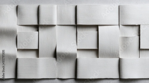 A white, textured geometric pattern. The interwoven rectangular blocks cast shadows, creating depth and a woven illusion