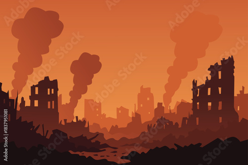 Silhouette of city ruins and building debris from war