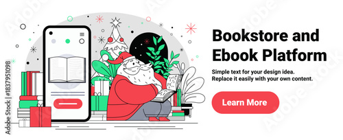 Santa Christmas bookstore ebook platform holiday reading digital books gifts festive tree smartphone screen presents modern website banner