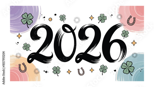 Year 2026 Celebration: The year 2026 is elegantly written amidst lucky charms such as four-leaf clover and horseshoe, set against a watercolor background.