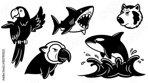 Black and white illustrations of various animals in vector style