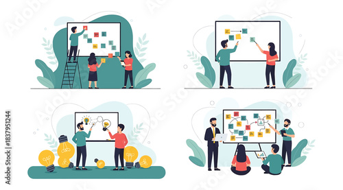 Illustration of four collaborative scenes with teams interacting around whiteboards filled with sticky notes, representing brainstorming, agile planning, and teamwork in modern creative environments