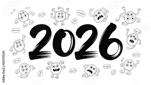 2026 Illustration: A playful illustration featuring the bold number 2026 surrounded by whimsical cartoon creatures, designed to capture attention and spark curiosity.