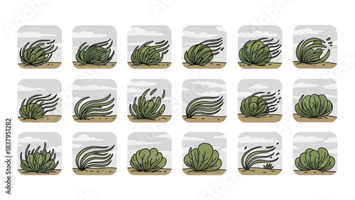 Bush illustration series depicting wind effects and weather elements