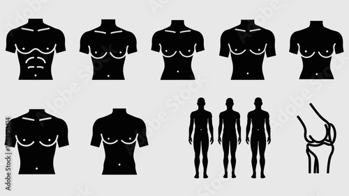 Black silhouette human body shapes and anatomy set isolated on white