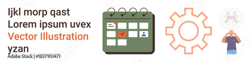 Productivity, time management, scheduling, problem-solving, innovation, workflow efficiency. A calendar, gear icon and person reflecting on ideas. Productivity and time management focus