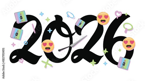 Year 2026 Celebration: A vibrant and imaginative illustration of the year 2026, filled with whimsical elements. The artwork bursts with joyful emojis.