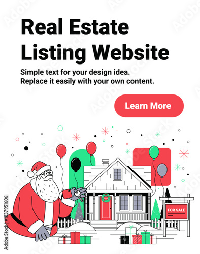 Santa Christmas real estate house for sale festive winter home with balloons gifts wreath snowy yard holiday celebration website banner