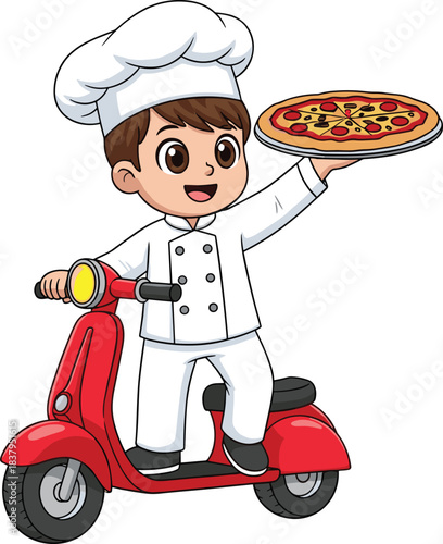 Cartoon pizza delivery icon set, chef character riding scooter with food in hand, cad drawing flat vector illustration
