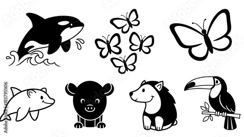 Black and white animal silhouettes orca dolphin butterflies hedgehog toucan