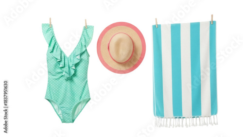 Fotografia Isolated Summer Clothes on Clothesline, Beach Towel, Hat, and Swimsuit, Clothing